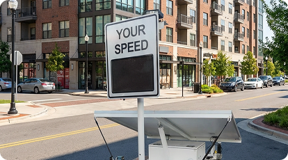 Solar-powered radar trailer with blank display near apartment building and parked cars