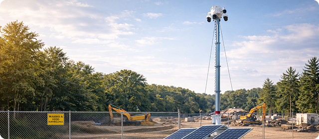 Excavators behind fence with solar-powered surveillance tower and warning sign