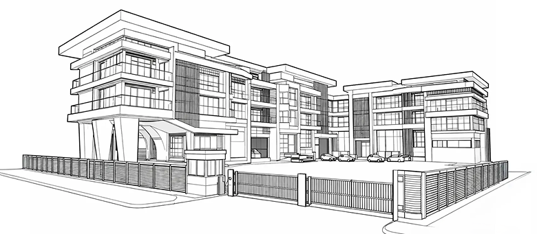 Black-and-white sketch of multi-building residential complex with courtyard, cars, and security booth