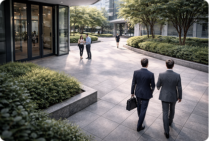 Urban plaza with professionals walking and talking near glass-fronted office buildings
