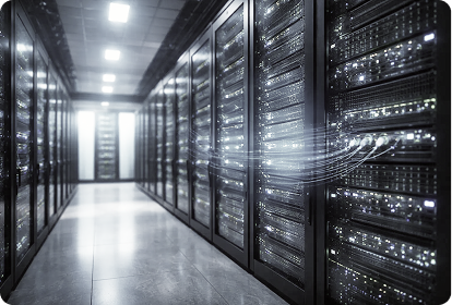 Server racks with LED lights and light trails in a modern data center
