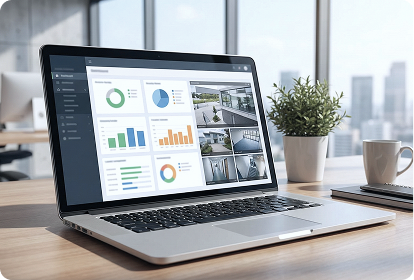 Laptop displaying charts and surveillance feeds in a modern office with city view